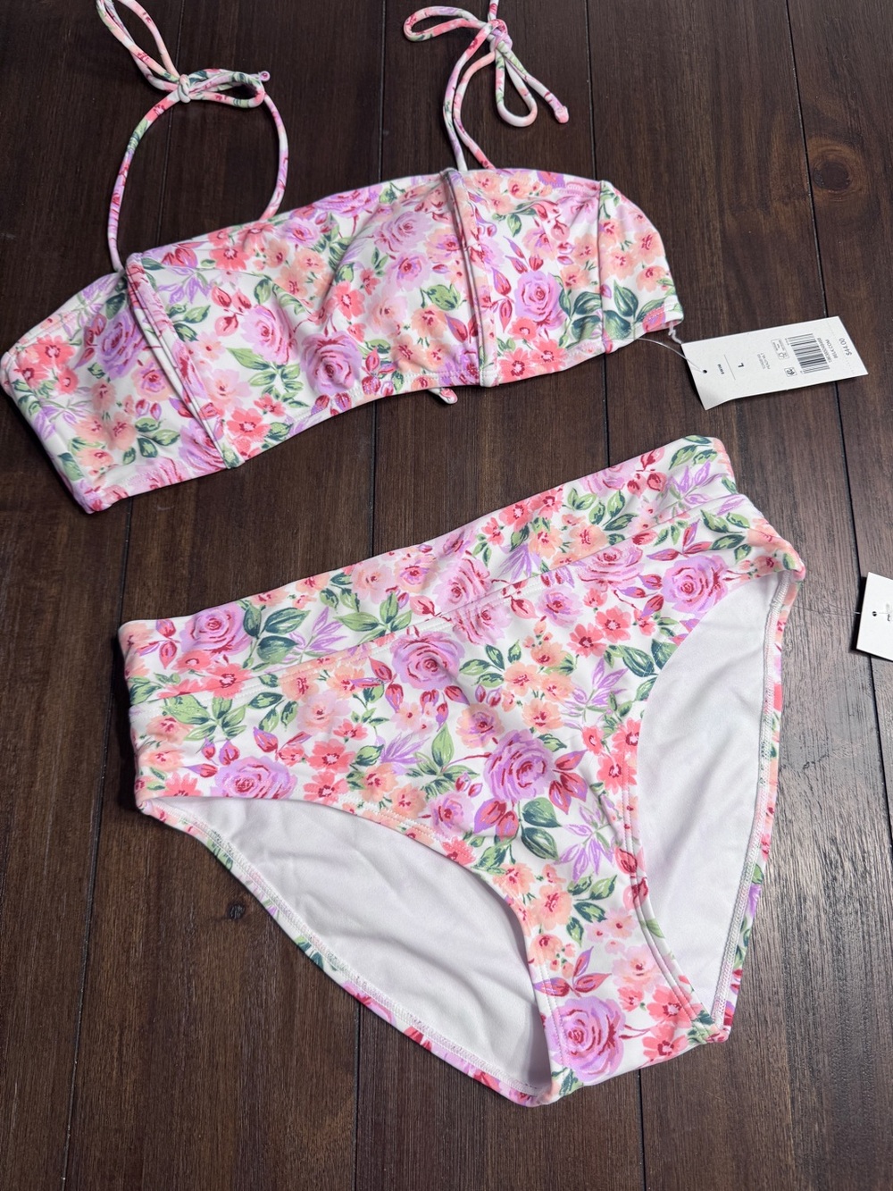 True Craft Floral Bikini Set NWT L Adjustable Bandeau Top S High Waist Bottoms